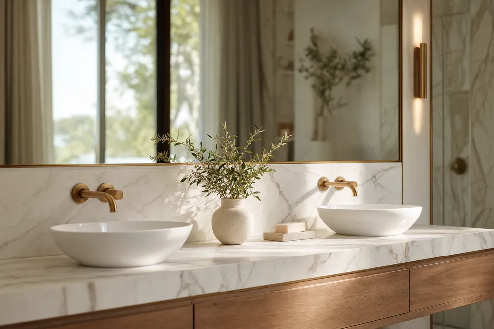 Marble bathroom vanity with twin basins and brass tapware