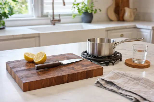 A chopping board with lemons, a saucepan on a cast-iron trivet and a glass on a coaster on a marble benchtop