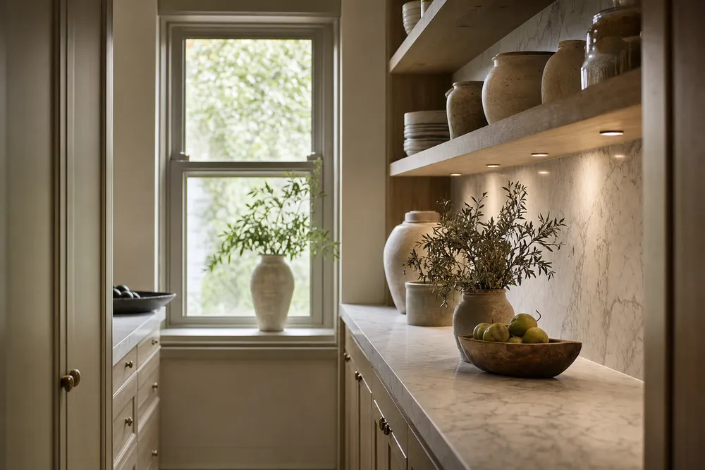 Butler's pantry with a marble benchtop below a window
