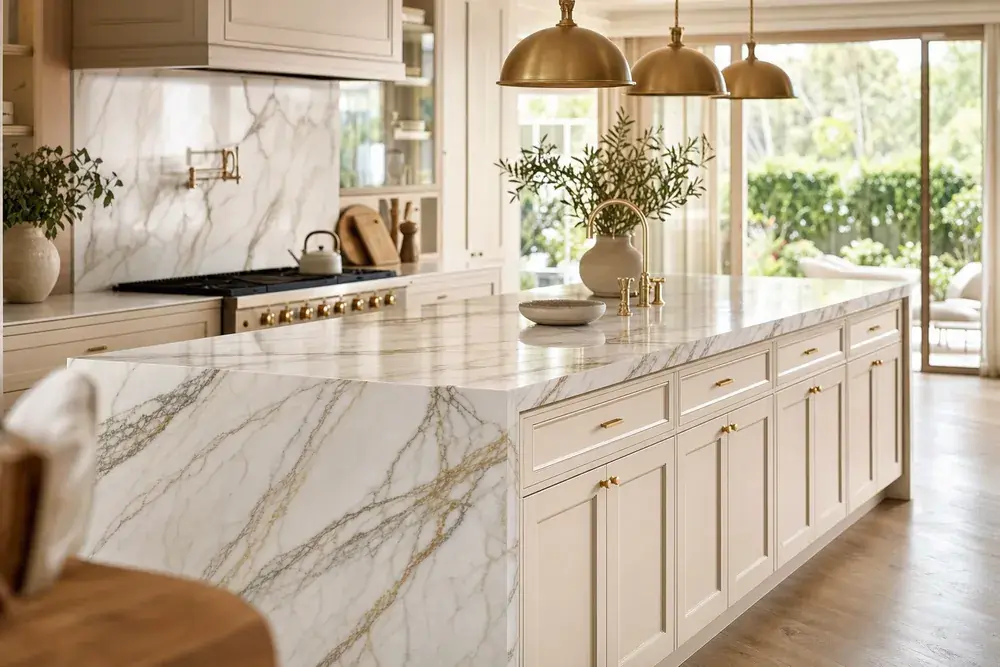 Full kitchen with a polished Calacatta marble island holding its mirror finish