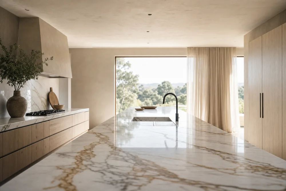 Polished Calacatta marble island with oak joinery and black tapware
