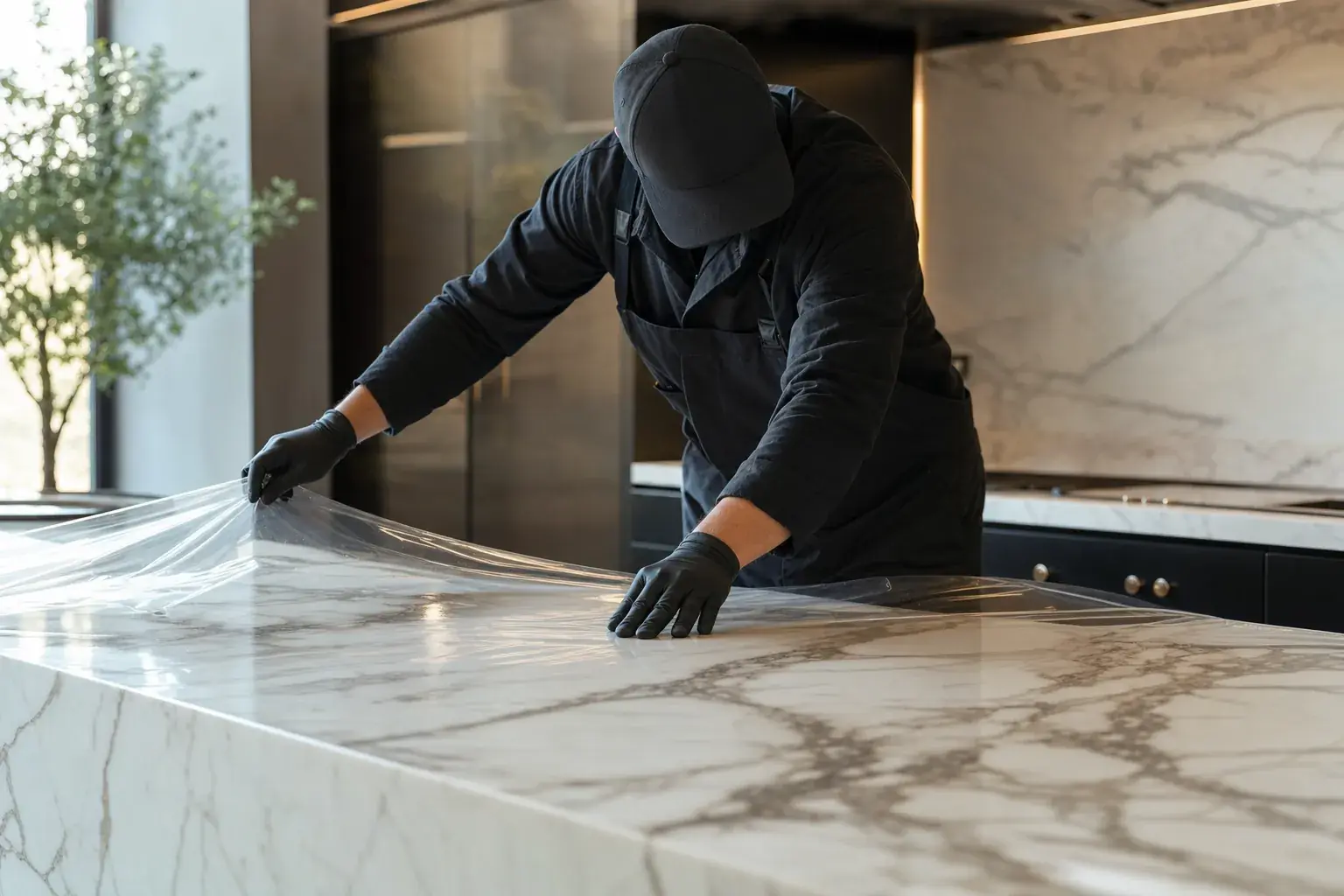 Installer laying optically clear protective film across a marble island