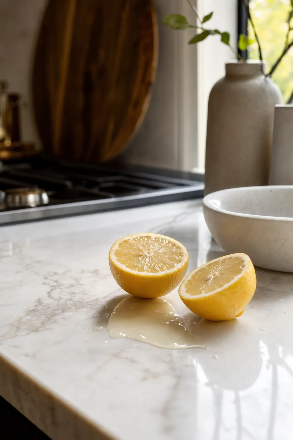 Halved lemons with juice pooling on a white marble kitchen benchtop