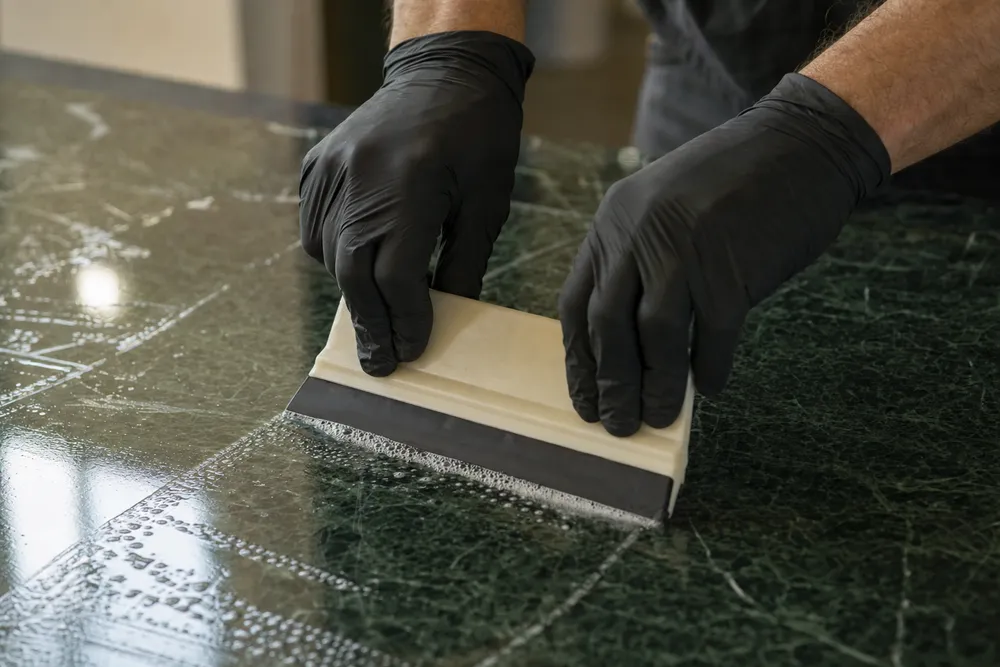 A soft squeegee settling freshly laid film onto a dark stone benchtop