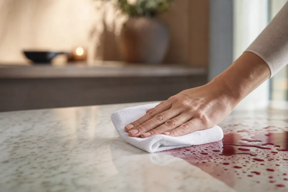 A folded white cloth wiping a red wine spill off filmed marble in one pass