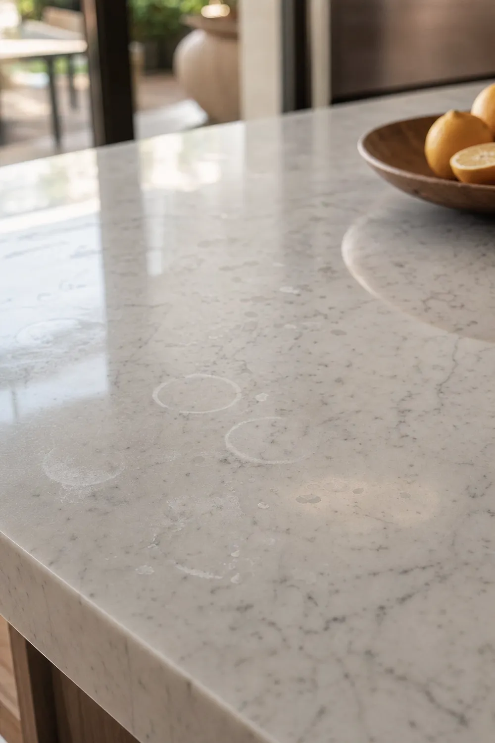 Dull etch marks and water rings on a polished white marble benchtop