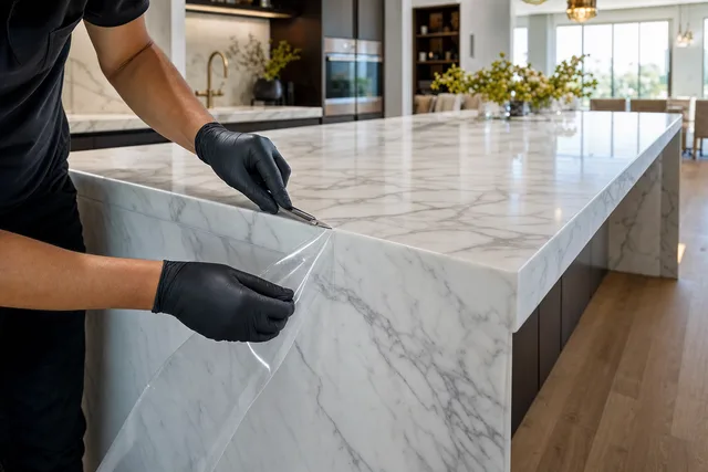 A blade hand-trimming clear protection film along the edge of a stone benchtop