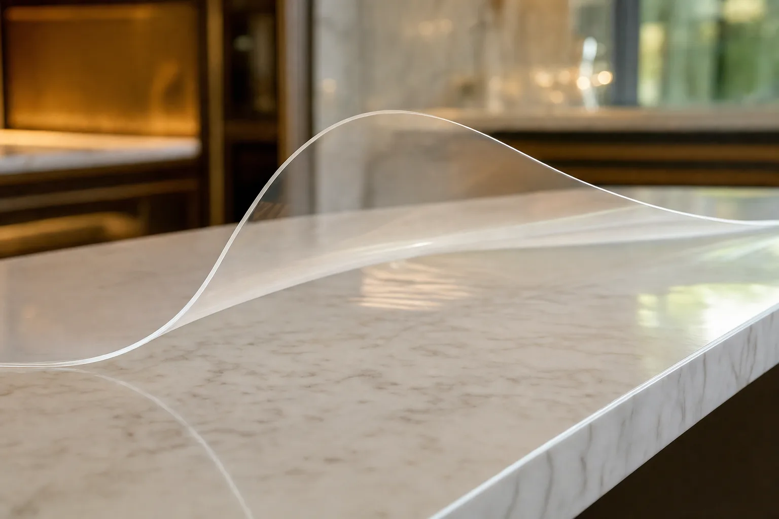 An ultra-thin sheet of optically clear film lying across a marble benchtop