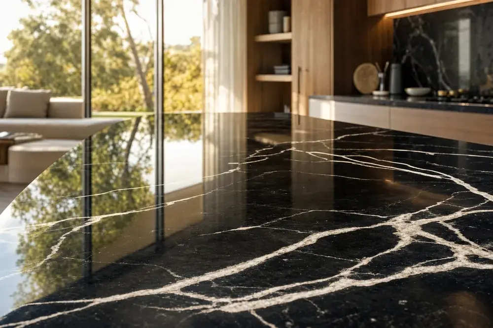 Polished black marble benchtop reflecting a window
