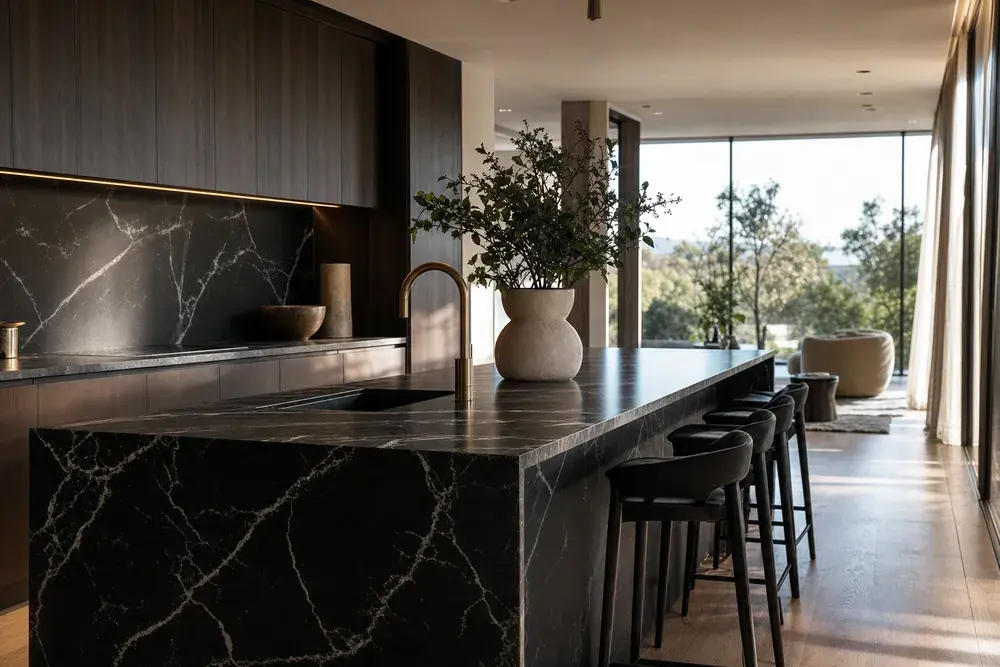 Nero Marquina black marble kitchen island with white veining