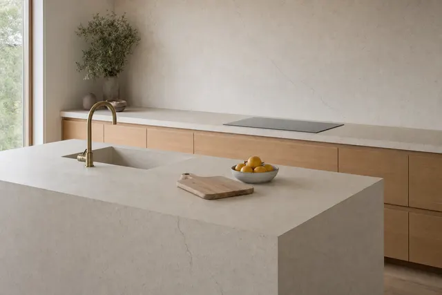 A full kitchen in honed cream limestone with a matte waterfall island and brass tap