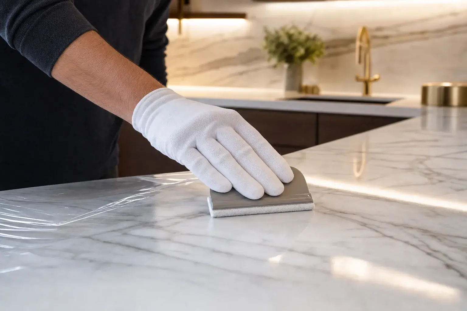 A gloved hand smoothing optically clear protection film onto a marble benchtop with a felt applicator