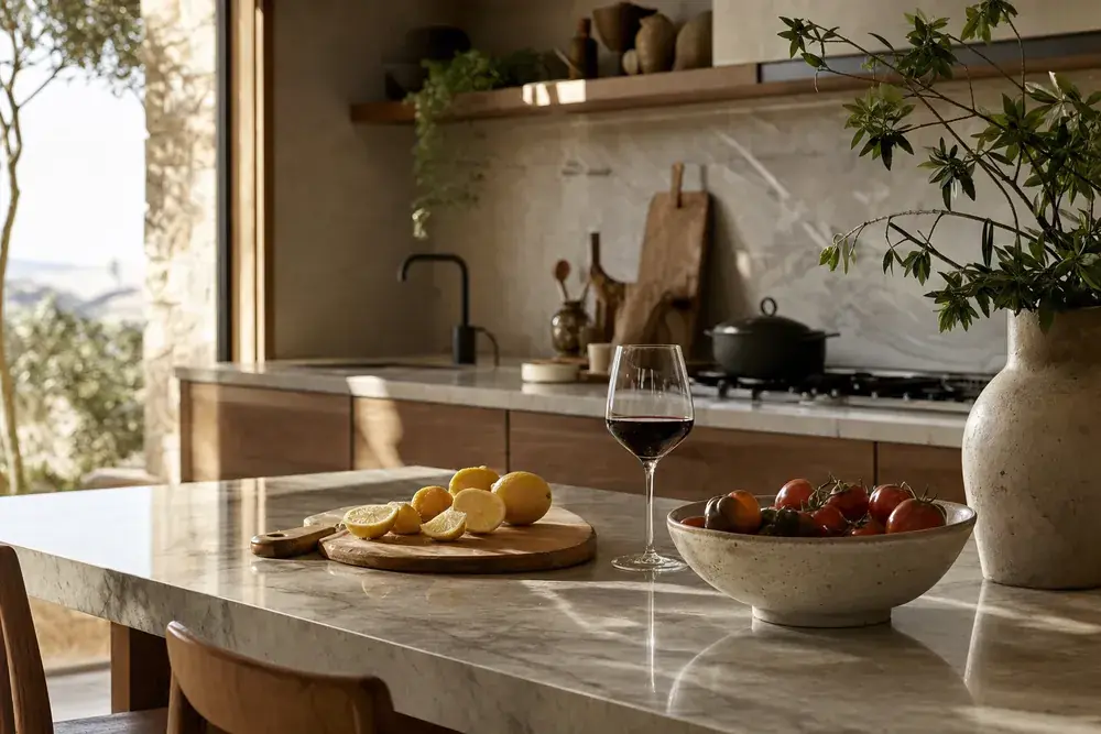 Lived-in kitchen with lemons and wine on a marble island
