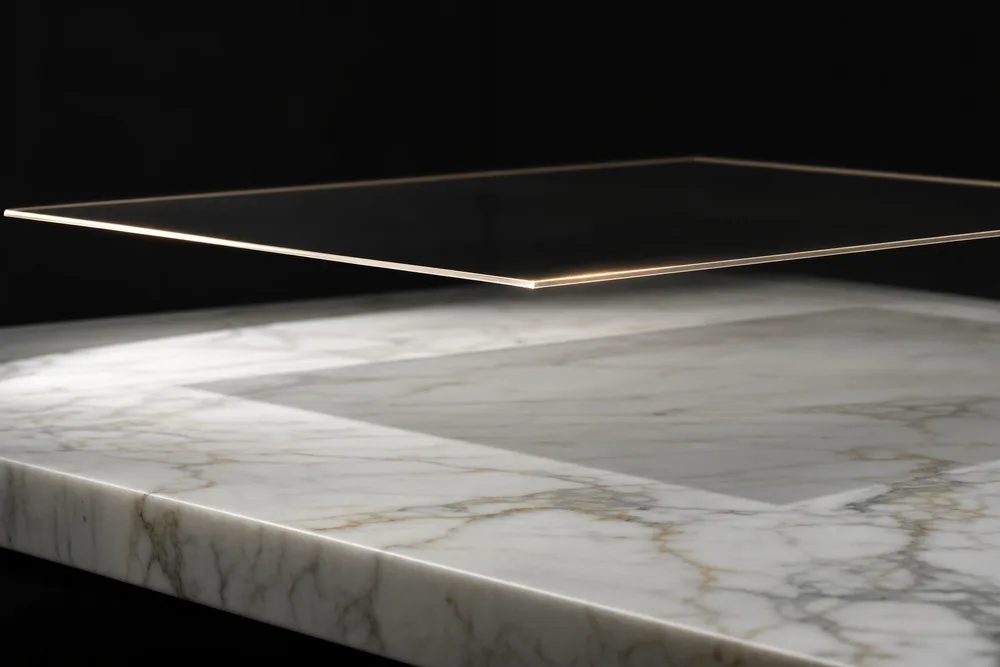An ultra-thin clear film layer floating above a marble slab, showing how the protection layers