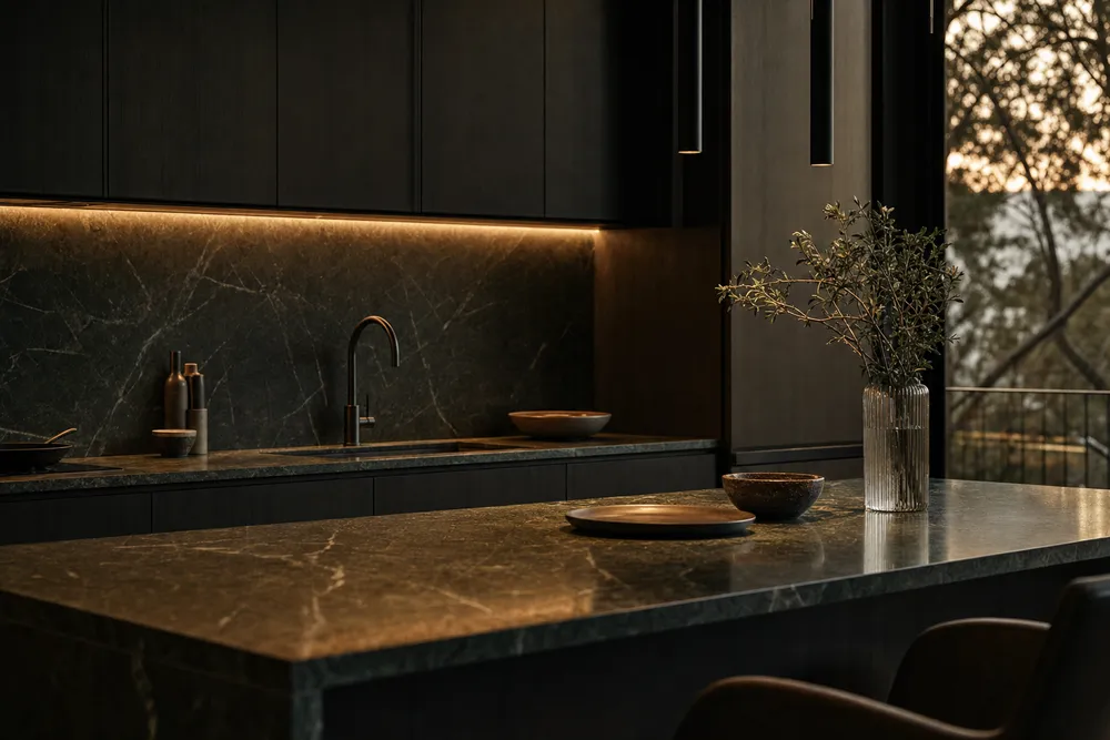 Full kitchen with a dark stone island in a soft satin finish