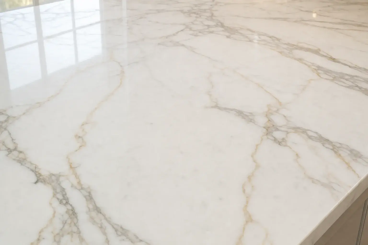 The same marble benchtop, flawless behind protective film