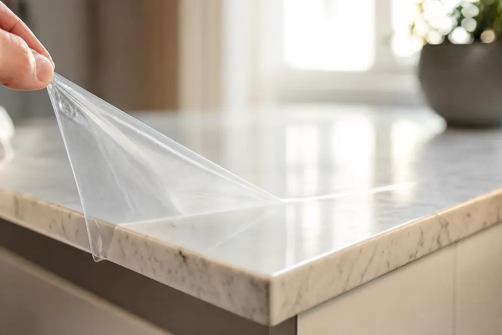 The clear film being peeled up from its corner at the bench edge, stretching as it releases