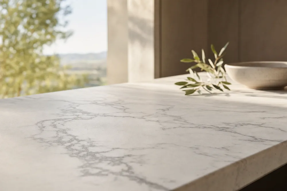 Honed white marble benchtop with a soft satin finish
