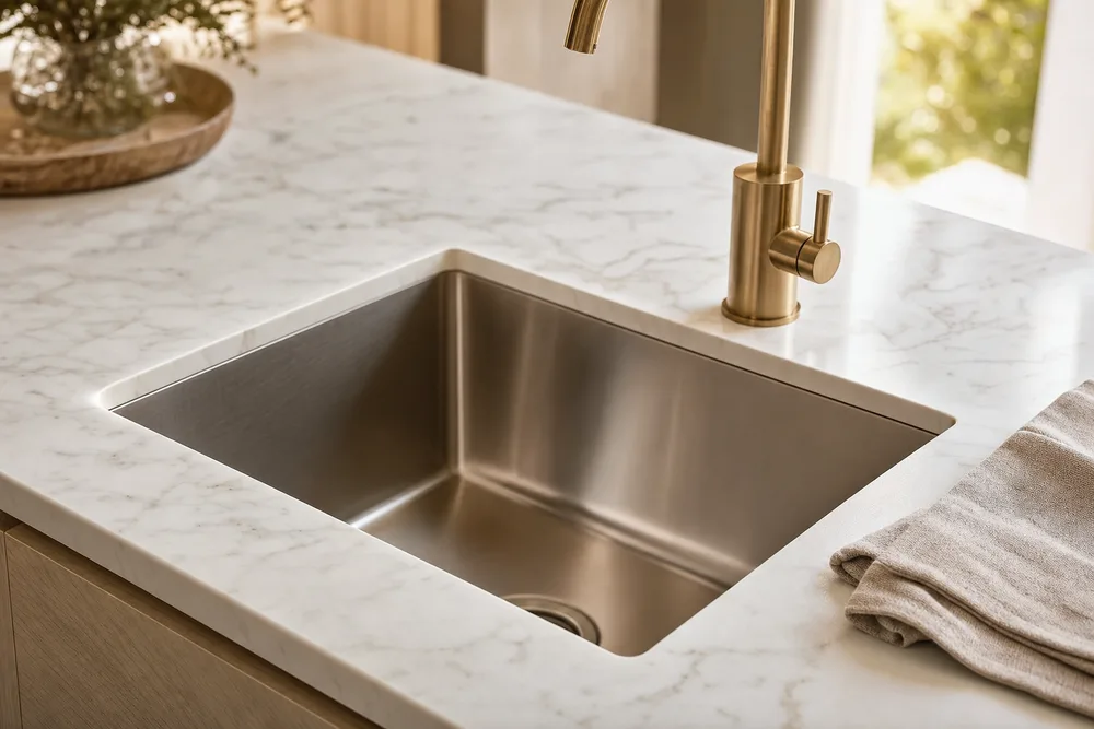 Undermount sink cut into a white marble benchtop with a brass mixer