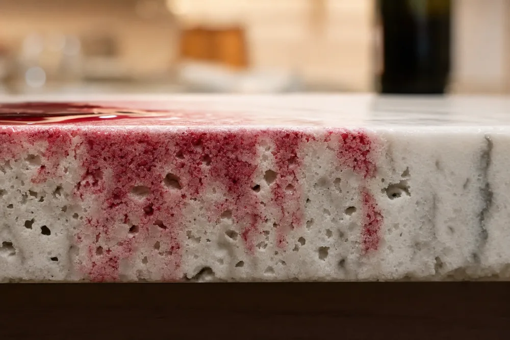 Wine soaking down into bare porous marble, seen side-on