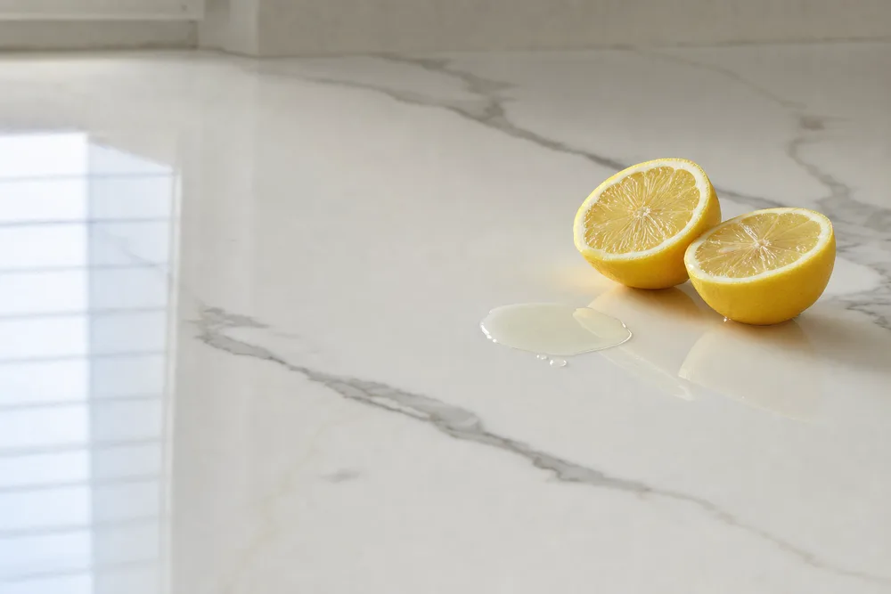 Lemon juice beading on filmed marble, the polish behind it flawless