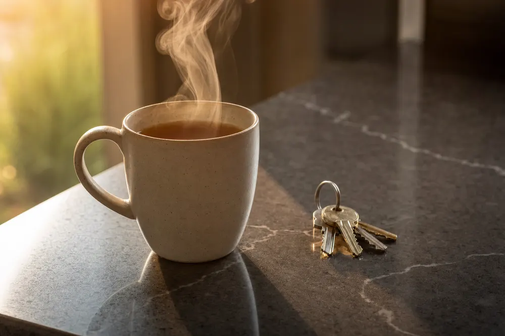 A steaming hot mug and a set of keys on filmed dark stone, the surface beneath them flawless