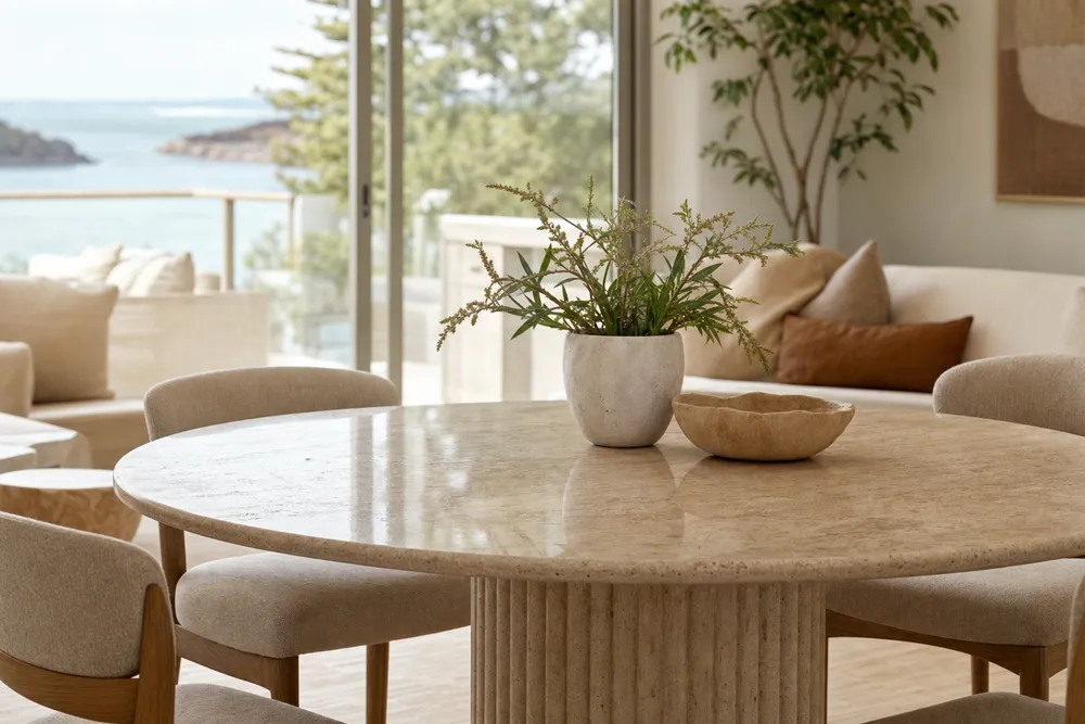 Round travertine dining table in a bright living space