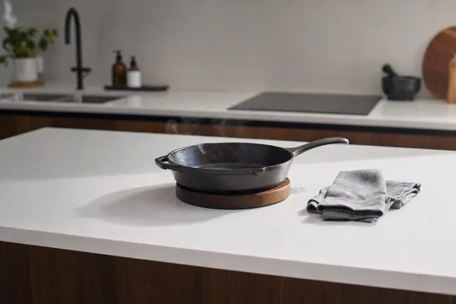 A cast iron pan resting on a timber trivet on a white speckled engineered stone benchtop