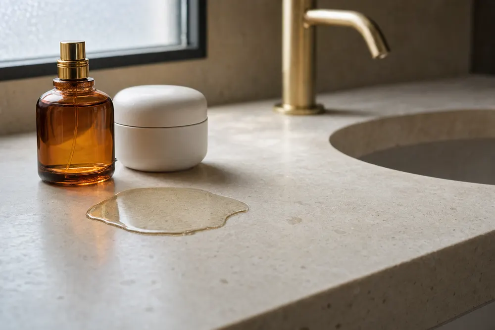 Perfume bottle and skincare jar beside a spill ring on a honed cream limestone vanity