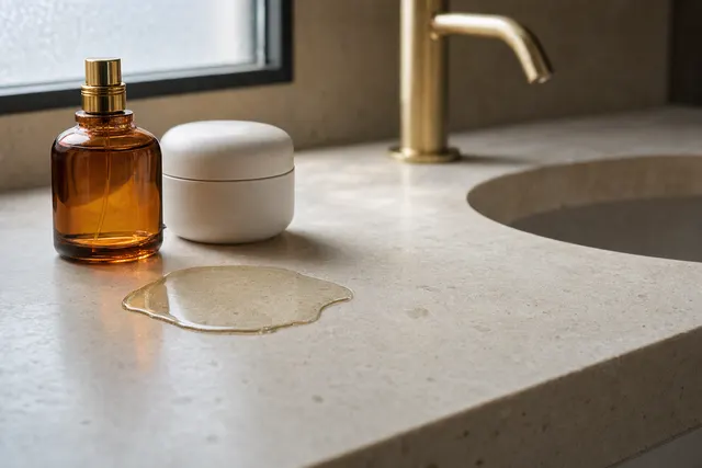 Perfume bottle and skincare jar beside a spill on a honed cream limestone vanity