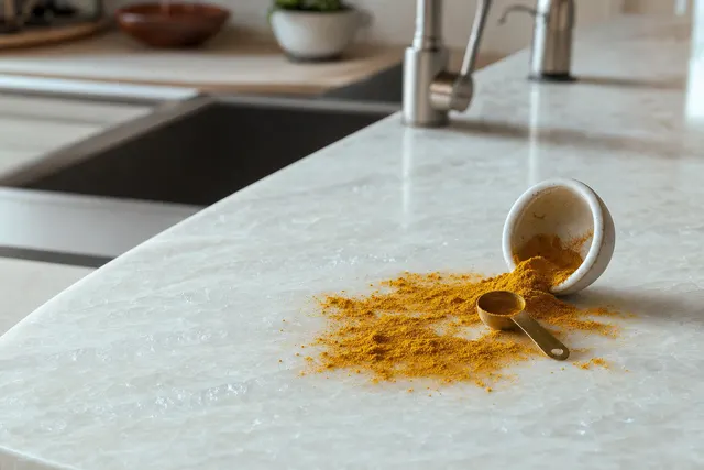 Spilled turmeric powder scattered across a pale quartzite island benchtop