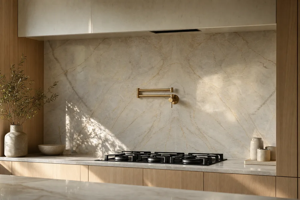 Full-height stone splashback behind a cooktop