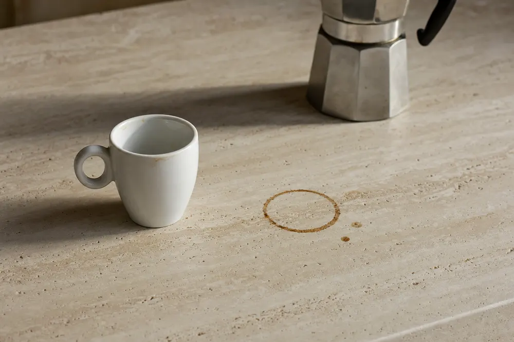 An espresso cup and coffee ring on a filled beige travertine benchtop