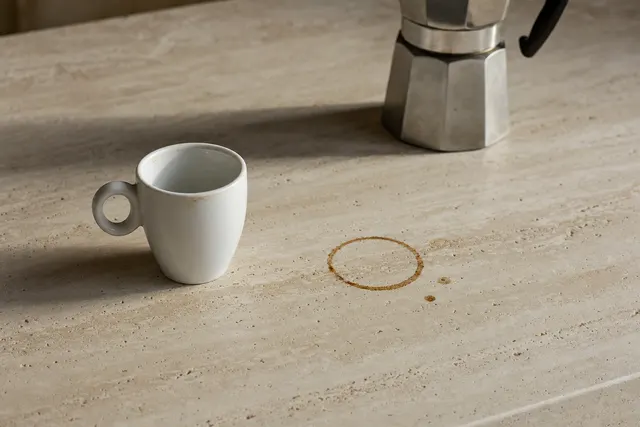 An espresso cup and coffee ring on a filled beige travertine benchtop