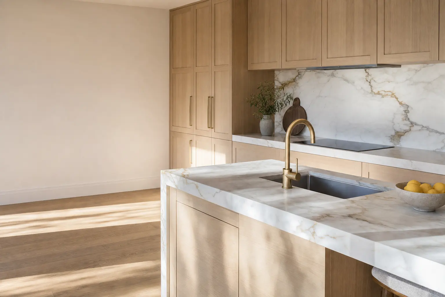 Bright working kitchen with a marble island, undermount sink, brass tap and induction cooktop