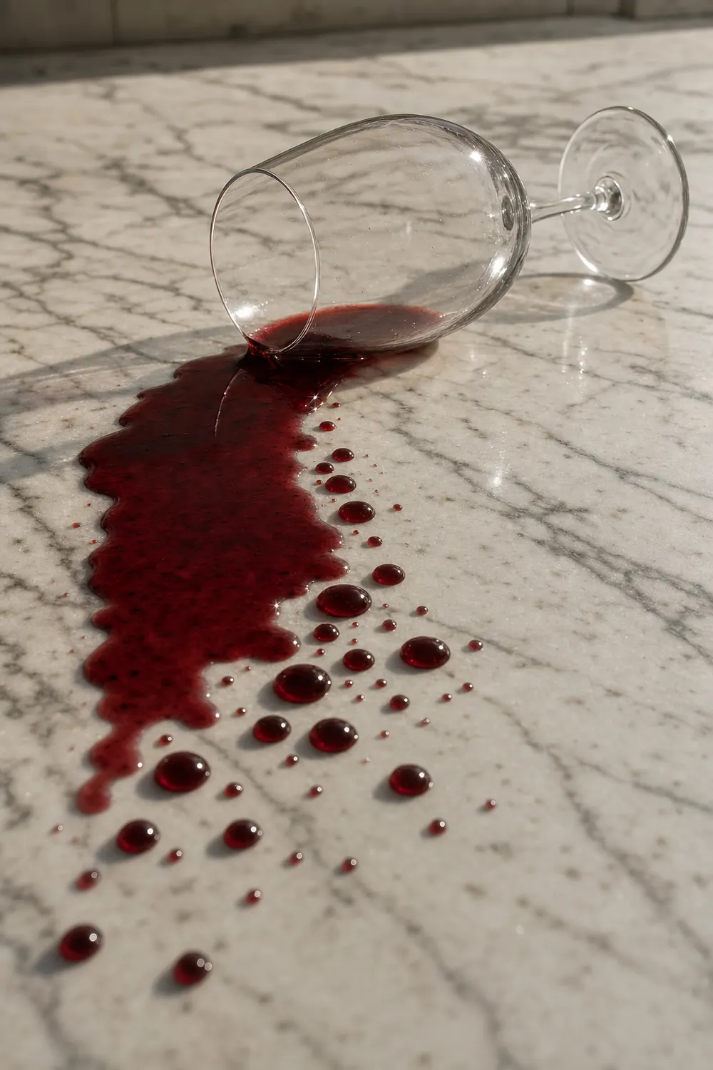 A tipped wine glass with red wine beading on a white marble table top
