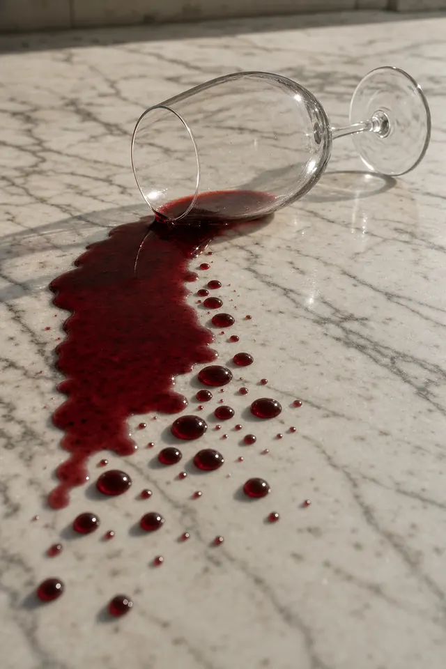 A tipped wine glass with red wine beading on a white marble table top